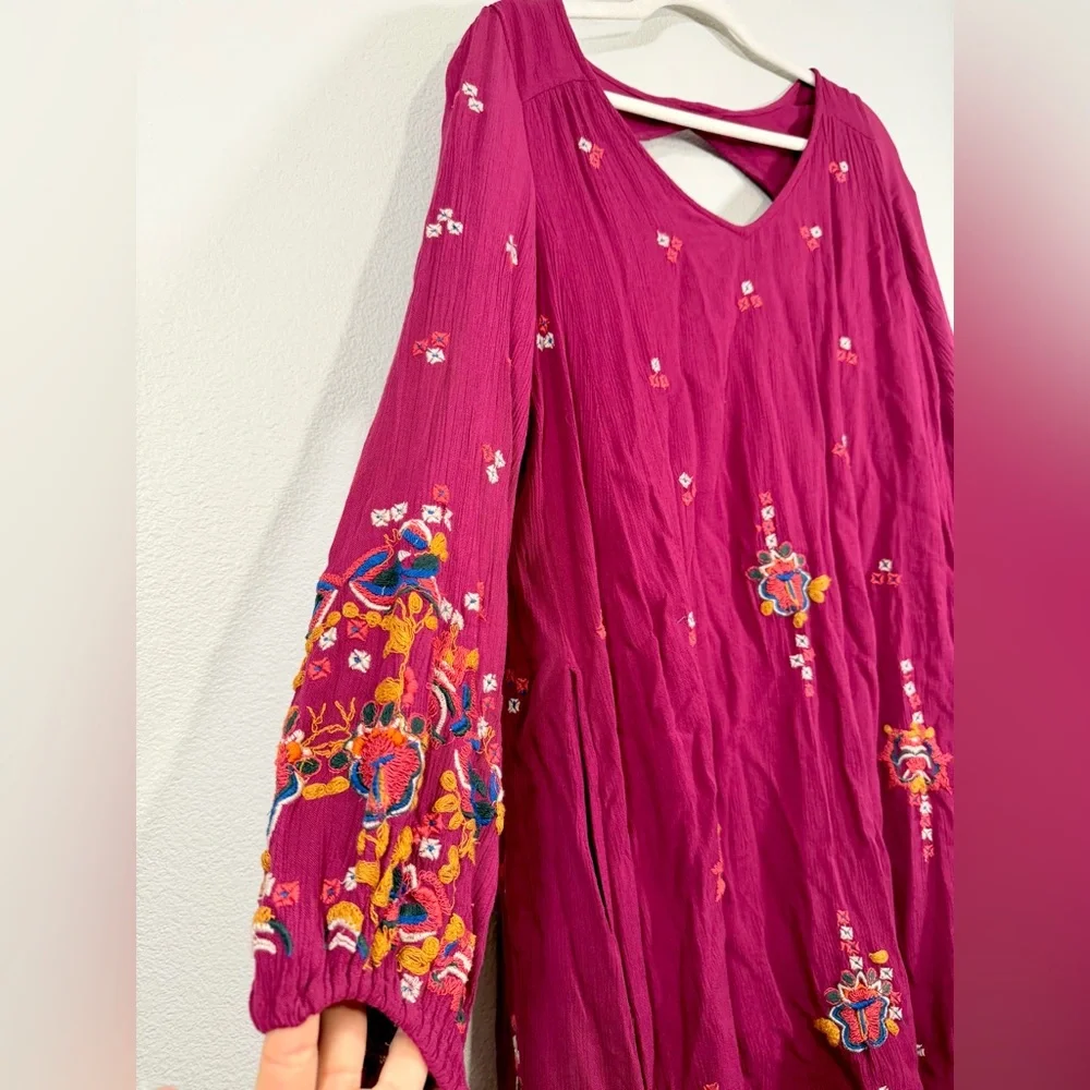 Free People Dress Burgundy Backless Embroidery Floral Long Sleeve Pocket Women M - Picture 3 of 10